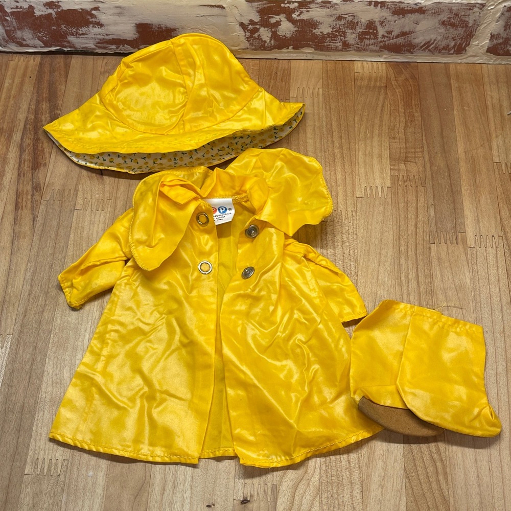 Vintage Fisher Price Doll Yellow Raincoat Hat and Booties Set Floral Lining